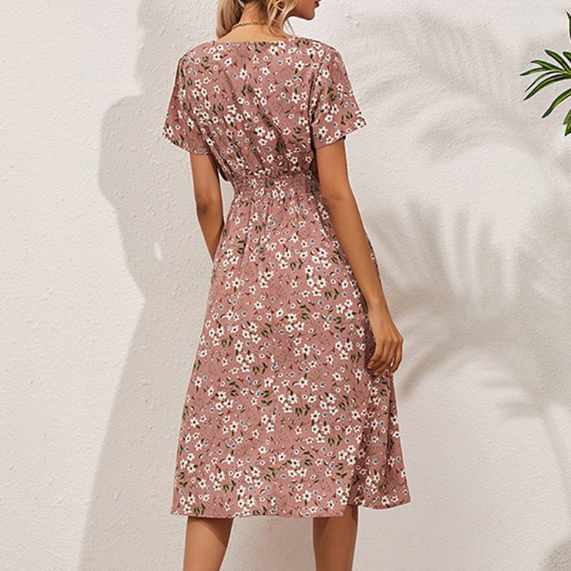 Floral Print Elegant V-Neck Dresses