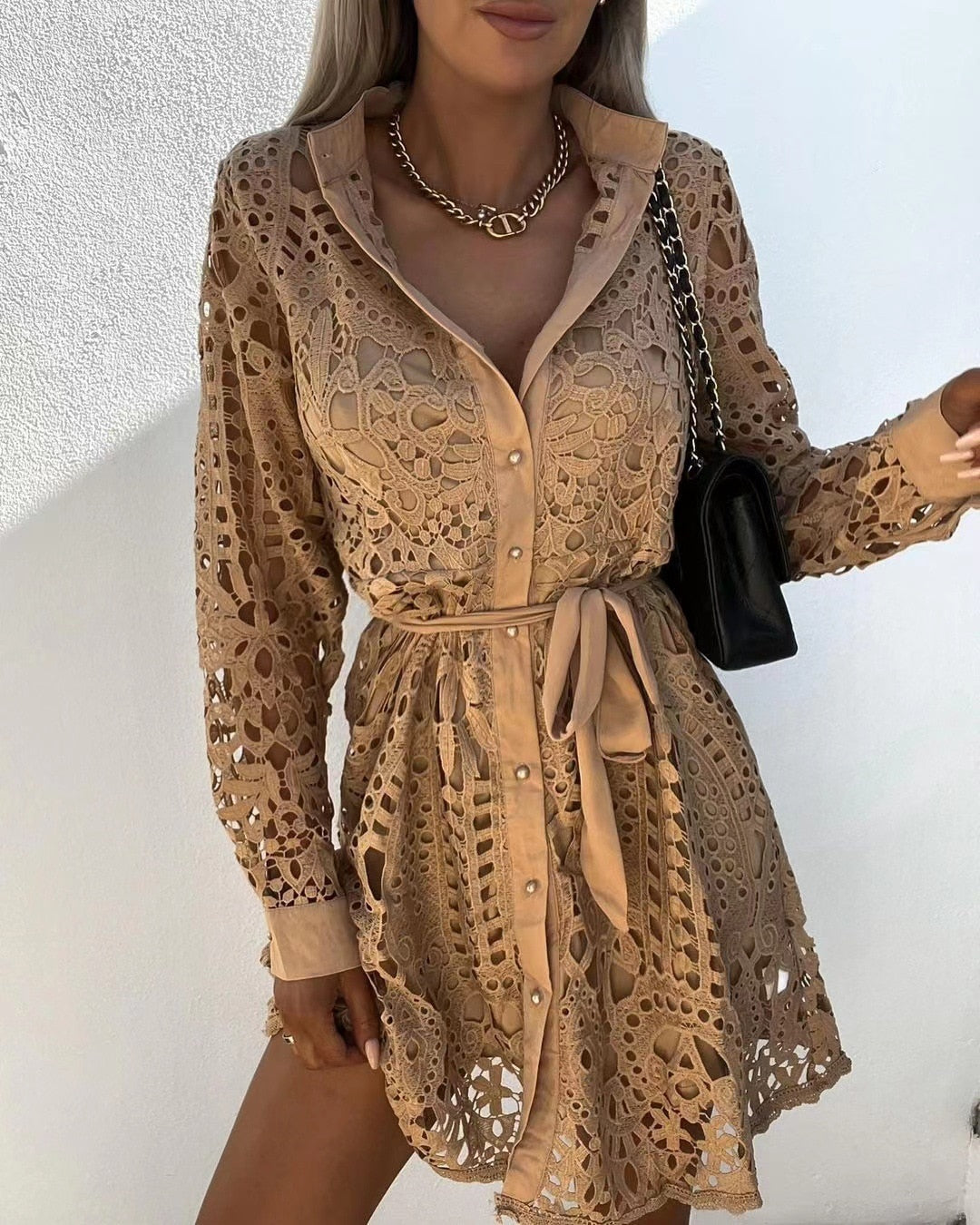 Hollow Lace Elegant Belt Dresses