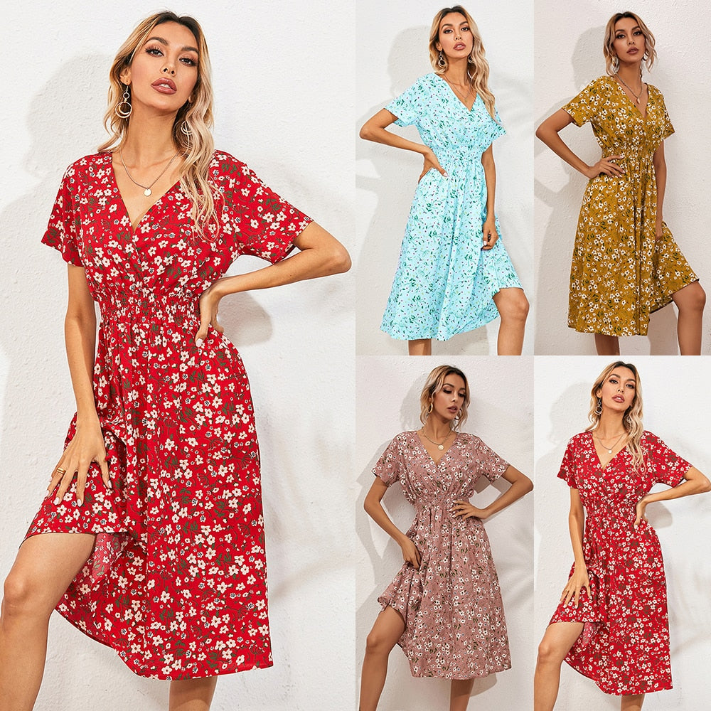 Floral Print Elegant V-Neck Dresses