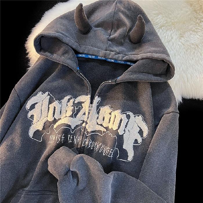 Harajuku Horned Zip Up Hoodies