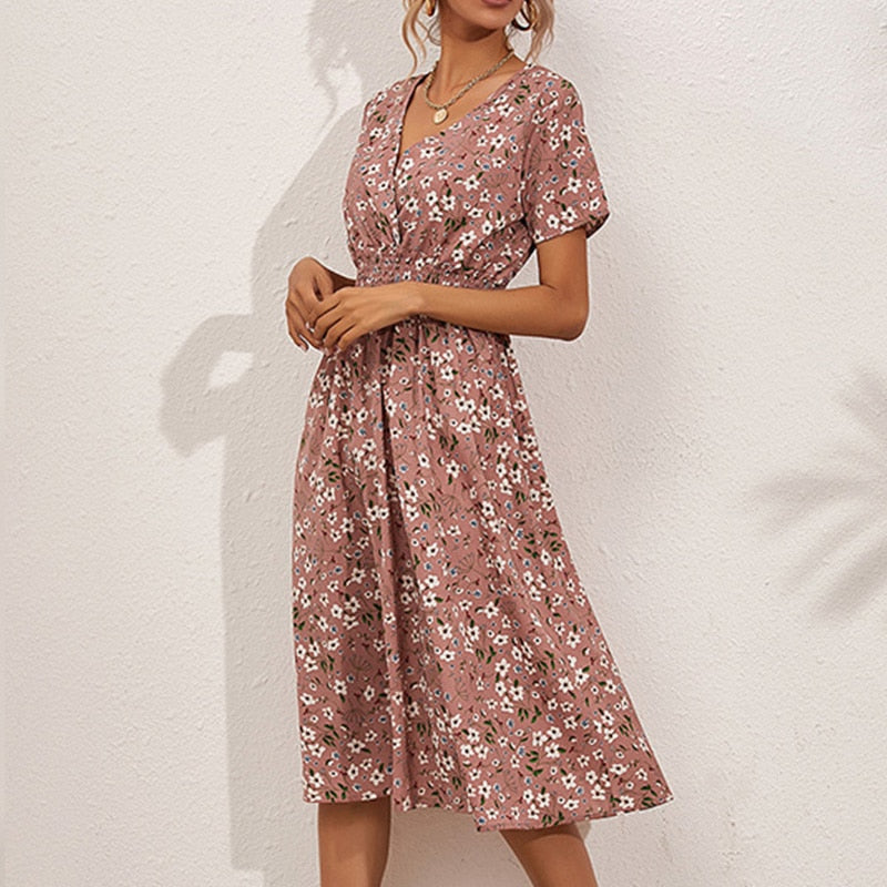 Floral Print Elegant V-Neck Dresses