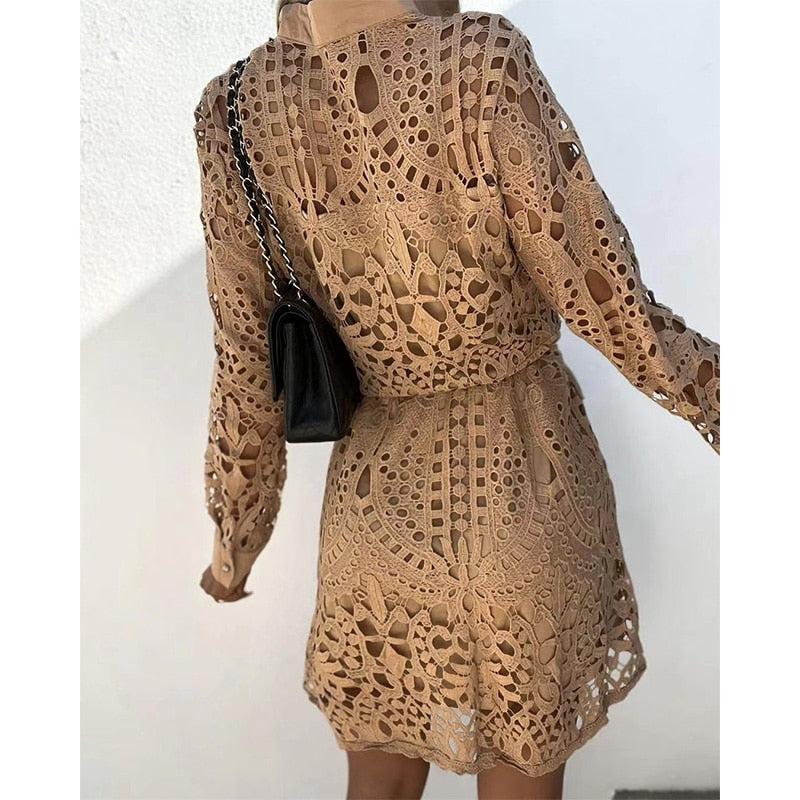 Hollow Lace Elegant Belt Dresses