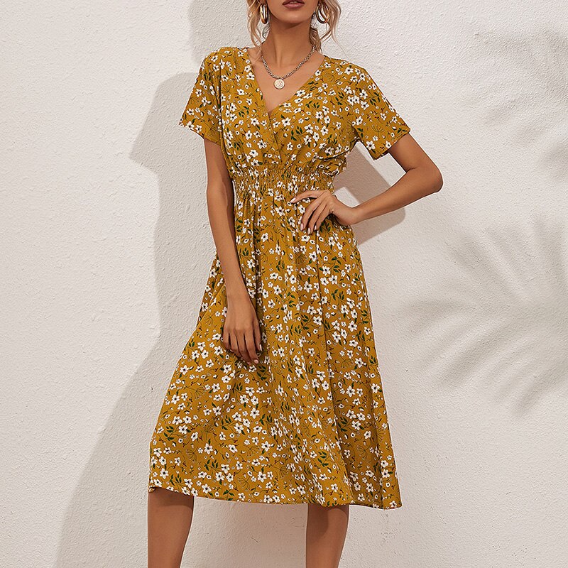 Floral Print Elegant V-Neck Dresses